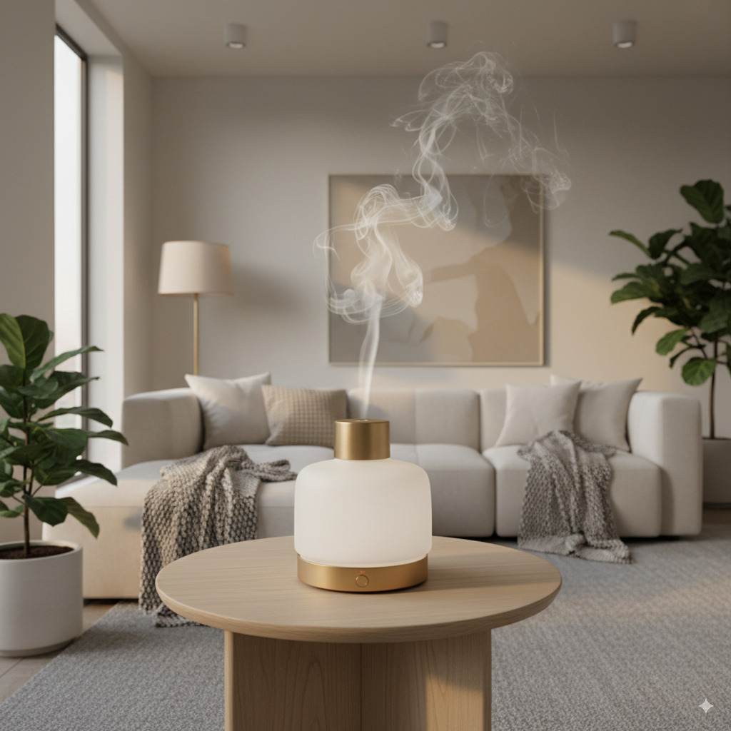 Difusor decorativo liberando fragancia en una sala moderna
