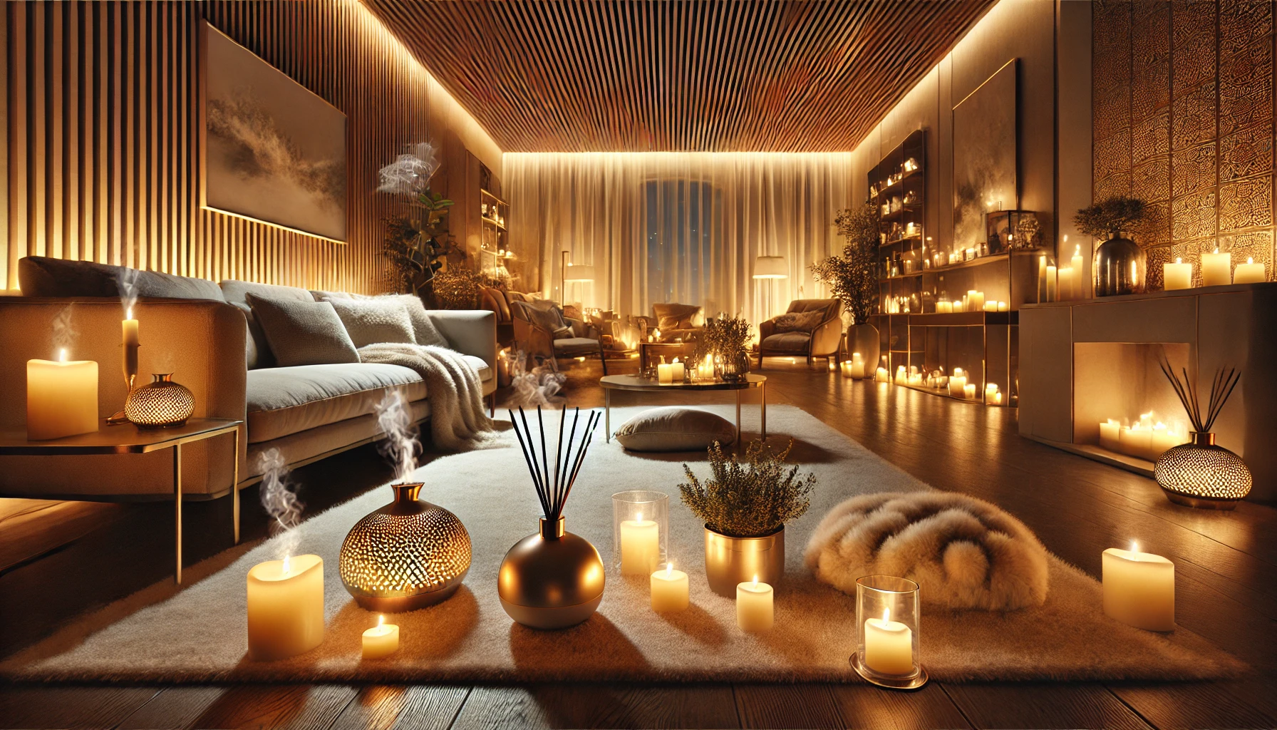 Ambiente acogedor: sala iluminada con elementos aromáticos integrados al diseño